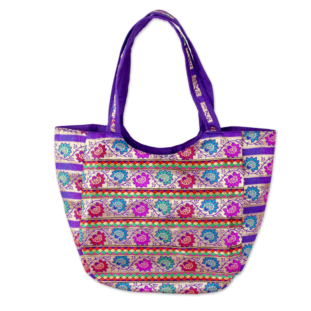 Fair Trade Brocade Handbag in Purple, Red, Fuchsia and Teal - Floral Garden