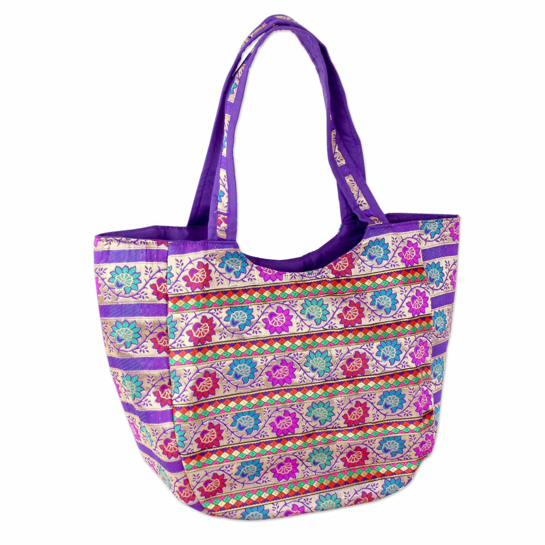 Fair Trade Brocade Handbag in Purple, Red, Fuchsia and Teal - Floral Garden