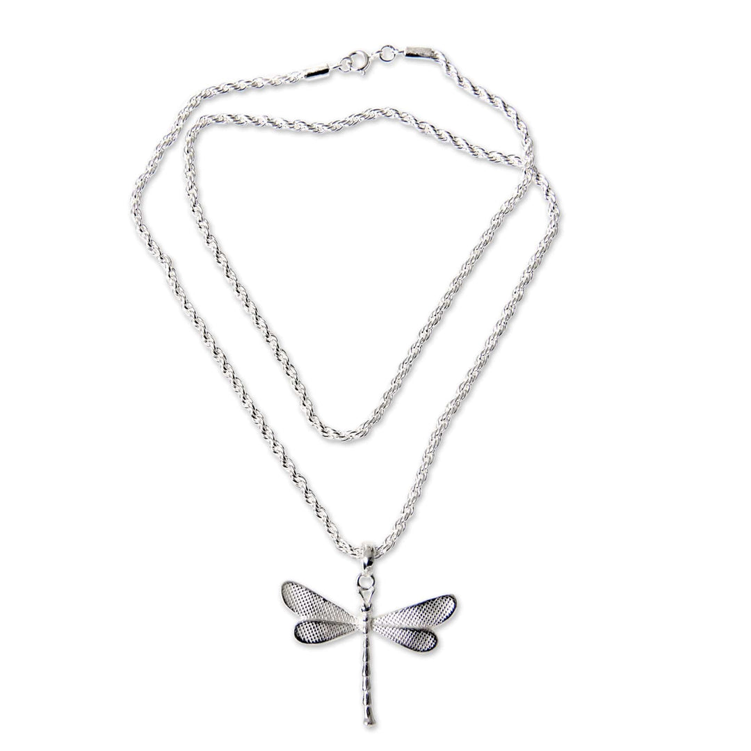 Hand Crafted Sterling Silver Necklace with Dragonfly Pendant - White Dragonfly