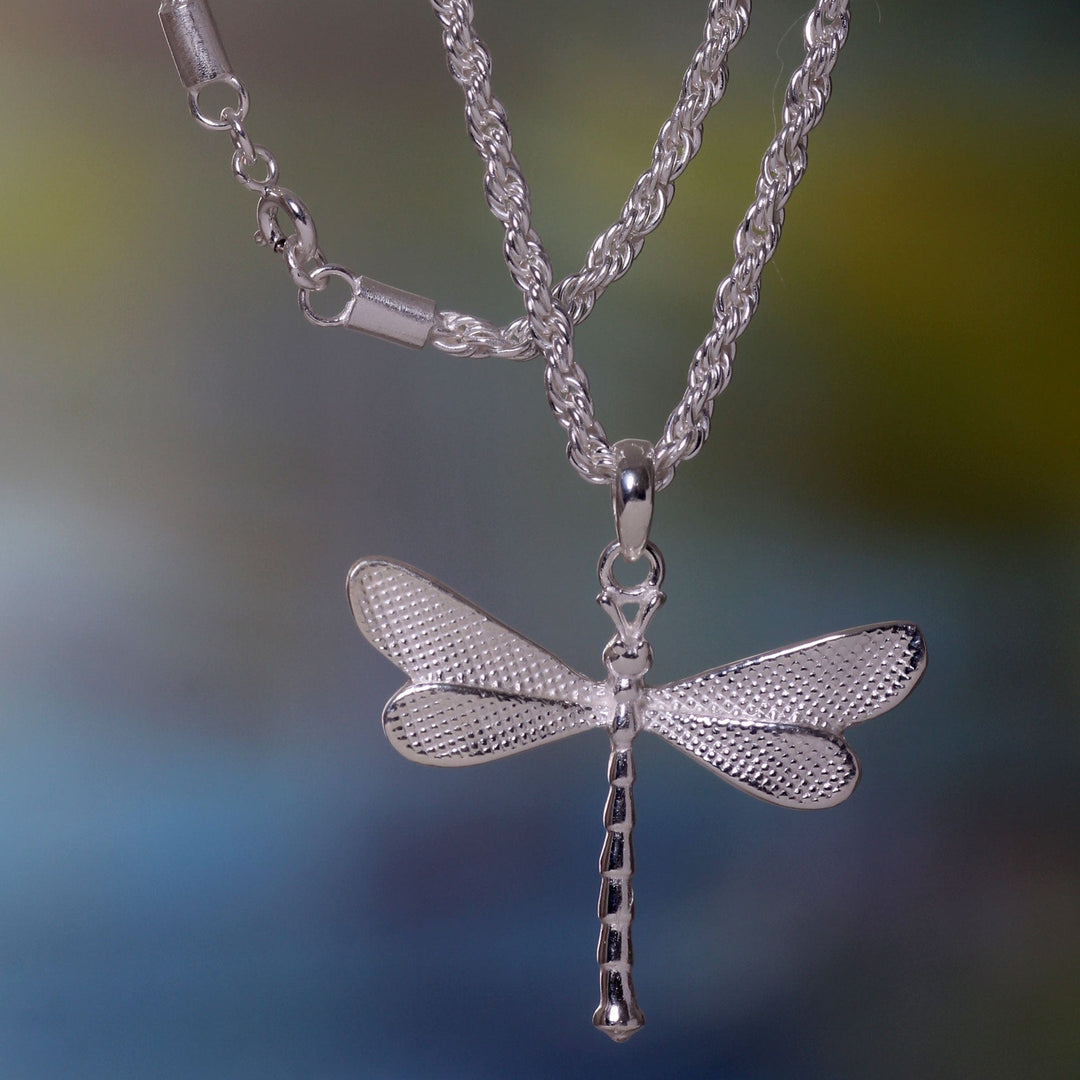 Hand Crafted Sterling Silver Necklace with Dragonfly Pendant - White Dragonfly
