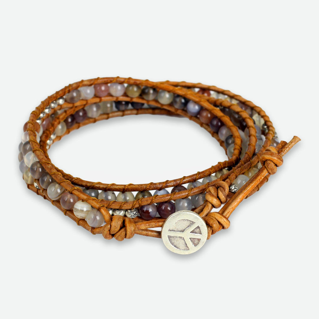 Agate and Leather Wrap Bracelet with Hill Tribe Silver - For Peace