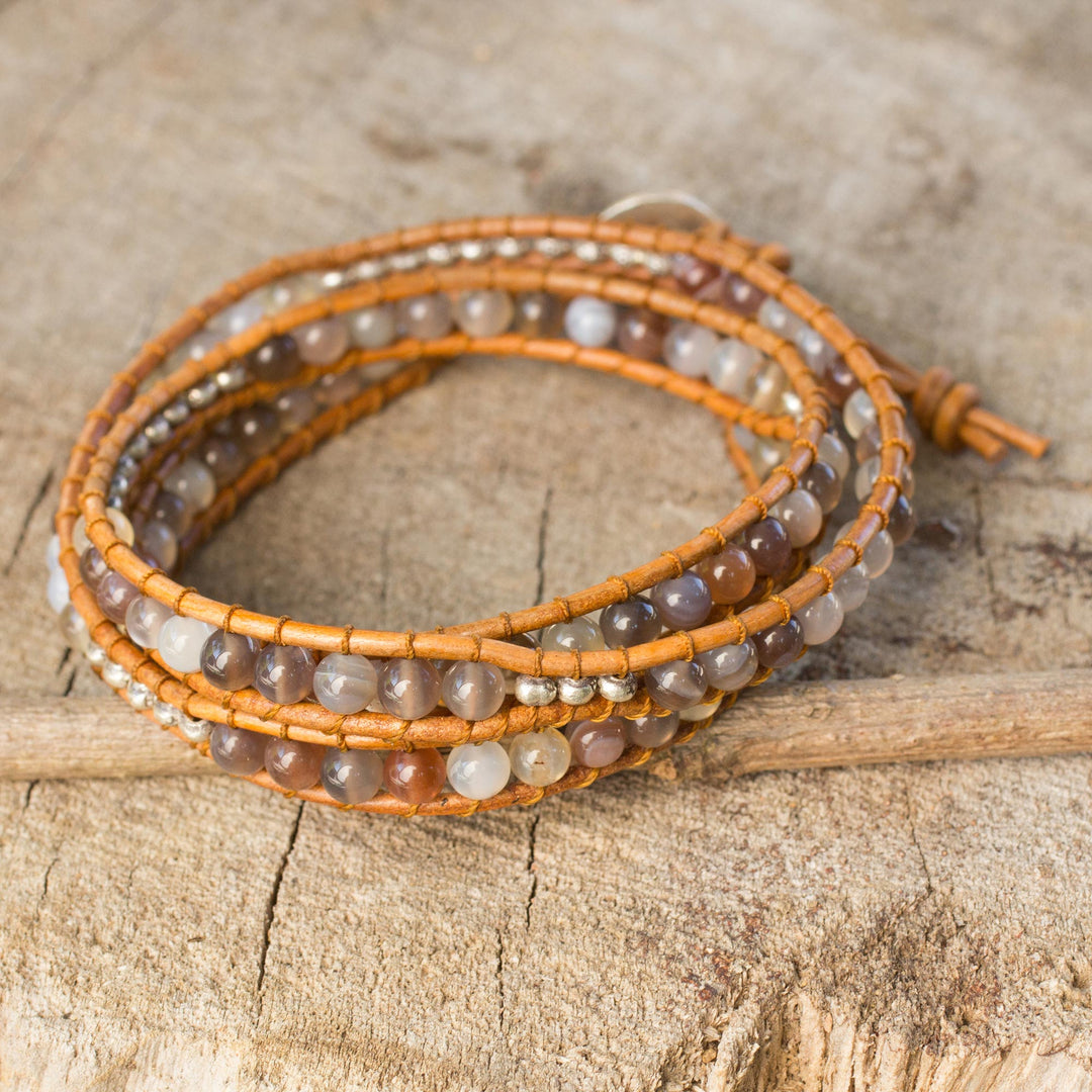 Agate and Leather Wrap Bracelet with Hill Tribe Silver - For Peace