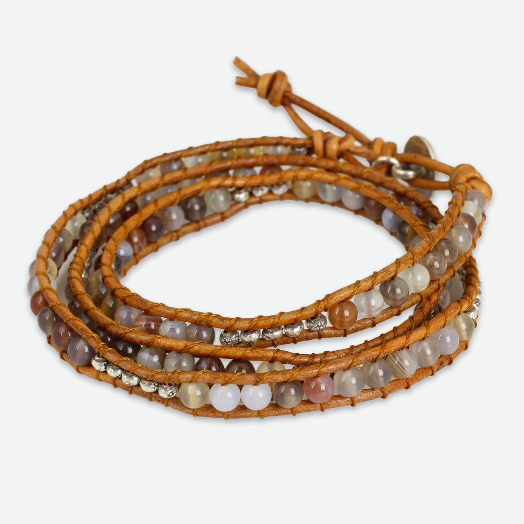 Agate and Leather Wrap Bracelet with Hill Tribe Silver - For Peace