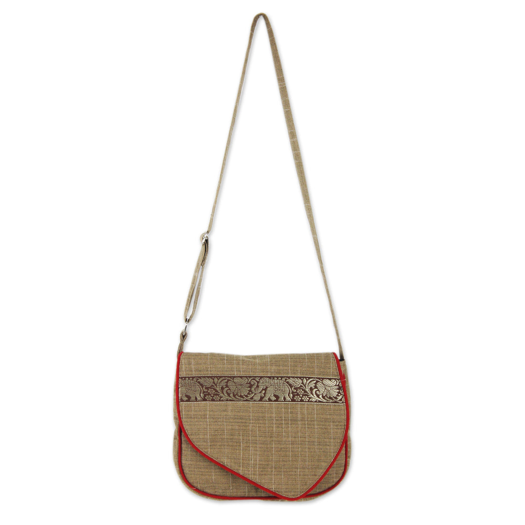 Light Brown Cotton Messenger Style Handbag for Women - Elephant Journey in Tan