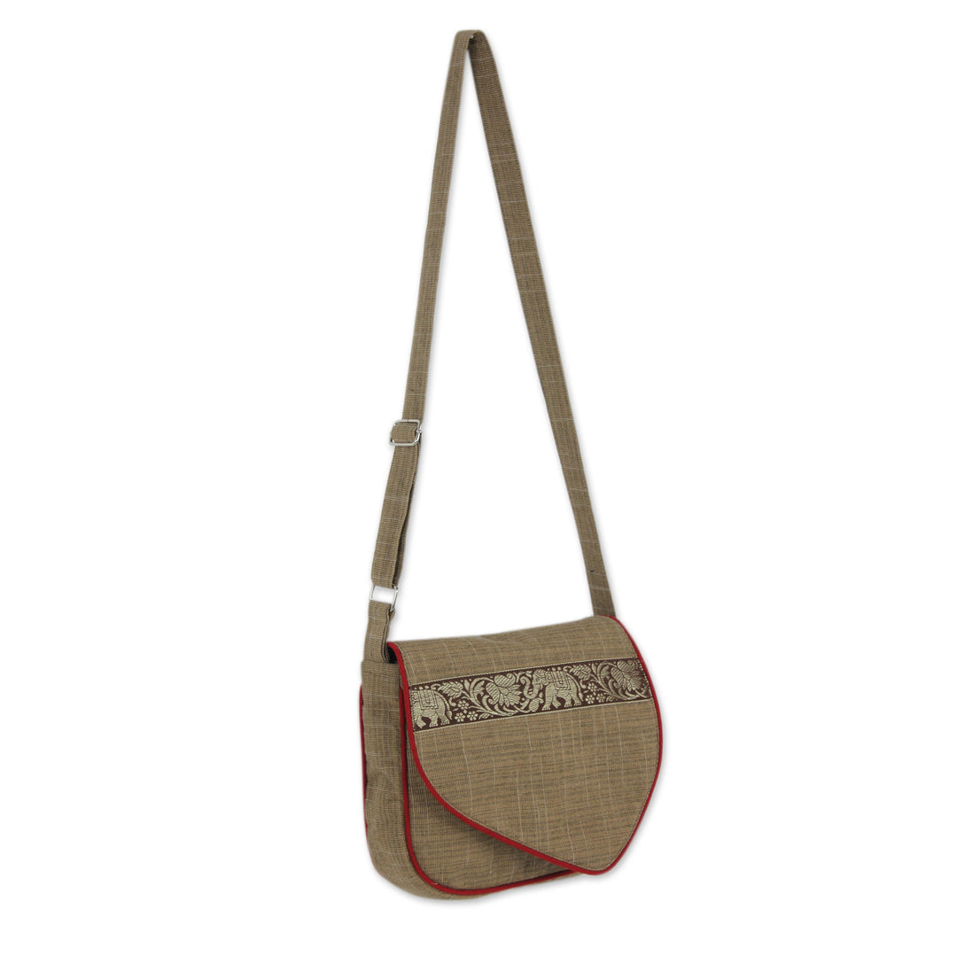 Light Brown Cotton Messenger Style Handbag for Women - Elephant Journey in Tan