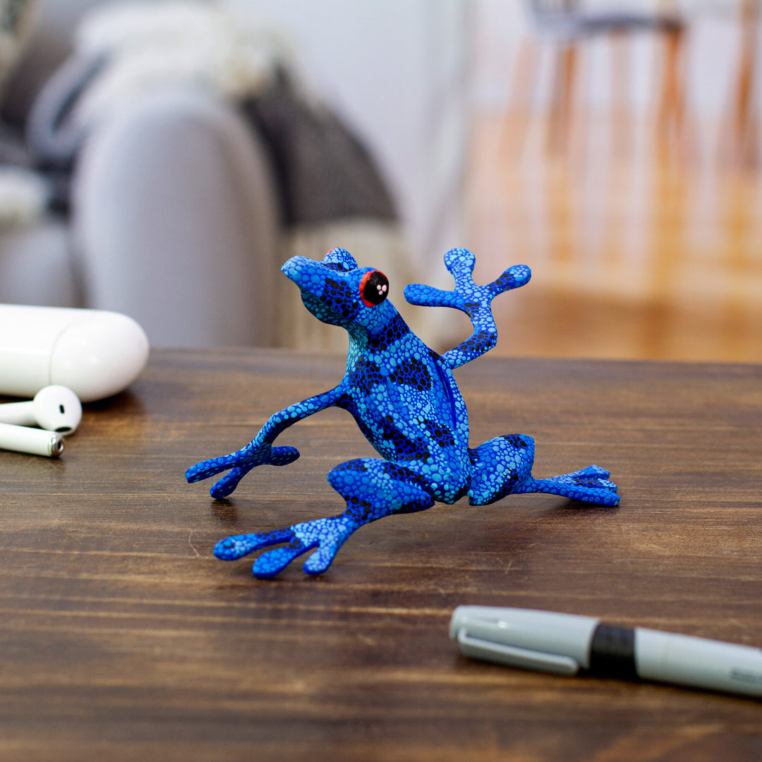 Artisan Crafted Blue Wood Frog Figurine Sculpture - Blue Dancing Frog