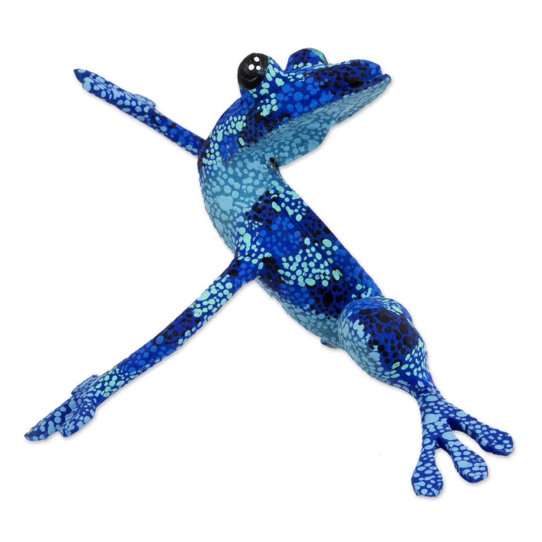 Artisan Crafted Blue Wood Frog Figurine Sculpture - Blue Dancing Frog