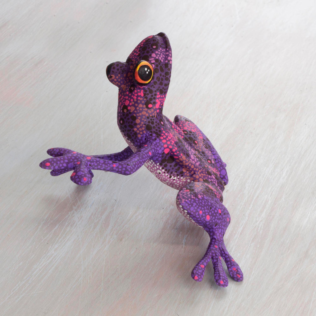 Purple Hand Crafted Alebrije Style Frog Figurine Sculpture - Purple Dancing Frog
