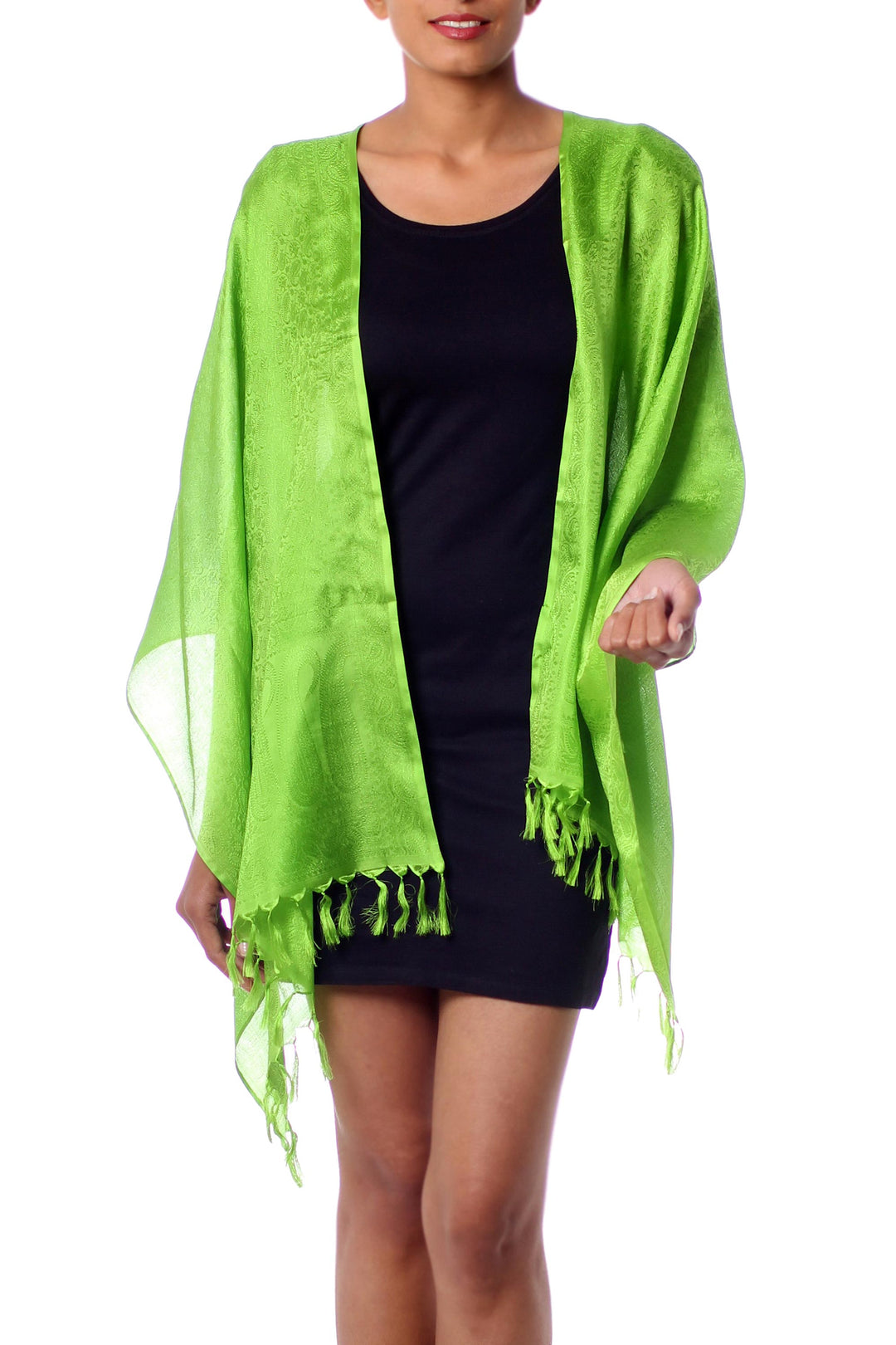 Bright Green Hand Loomed Fringed Varanasi Silk Shawl - Forever Green
