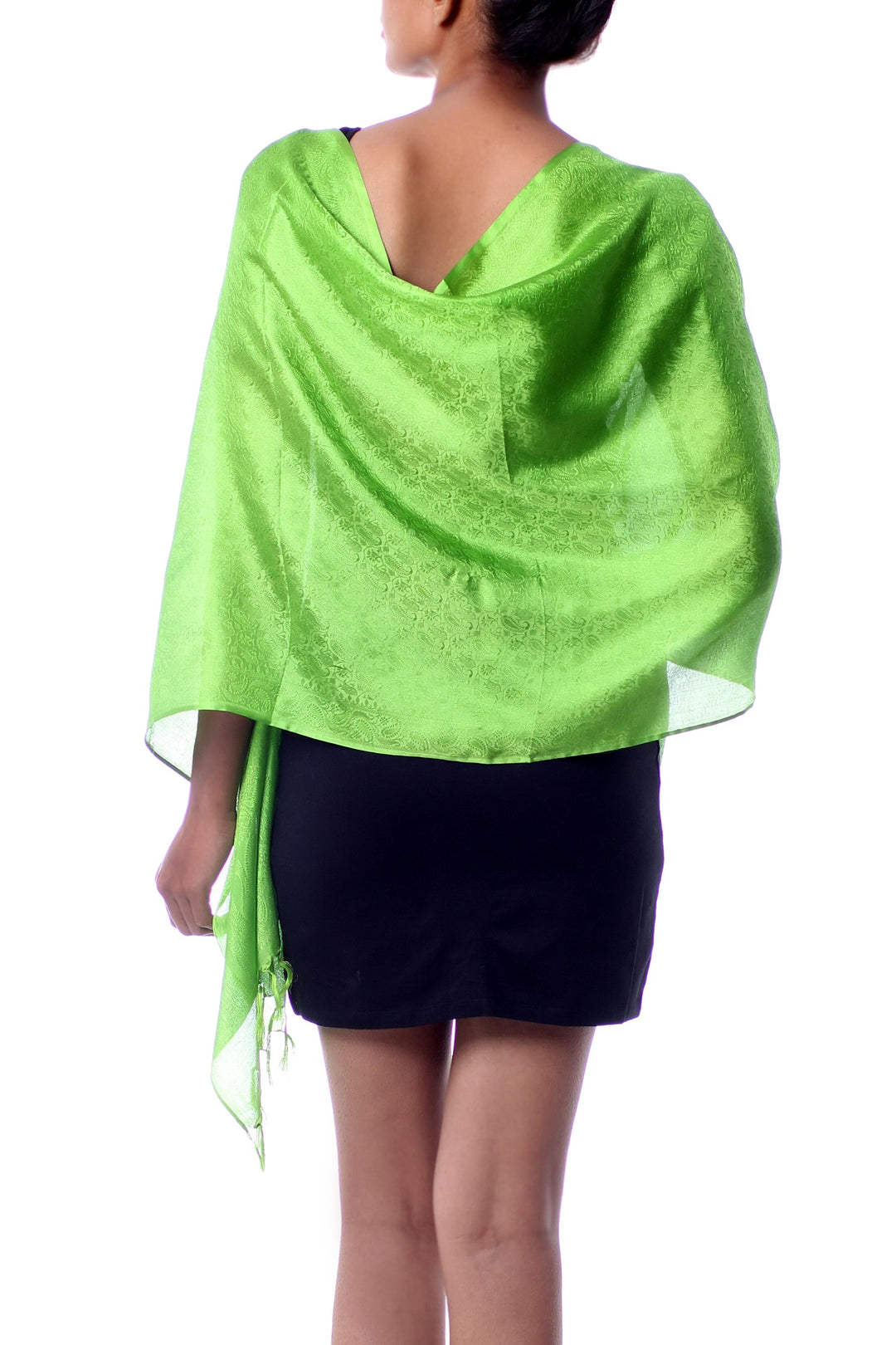 Bright Green Hand Loomed Fringed Varanasi Silk Shawl - Forever Green