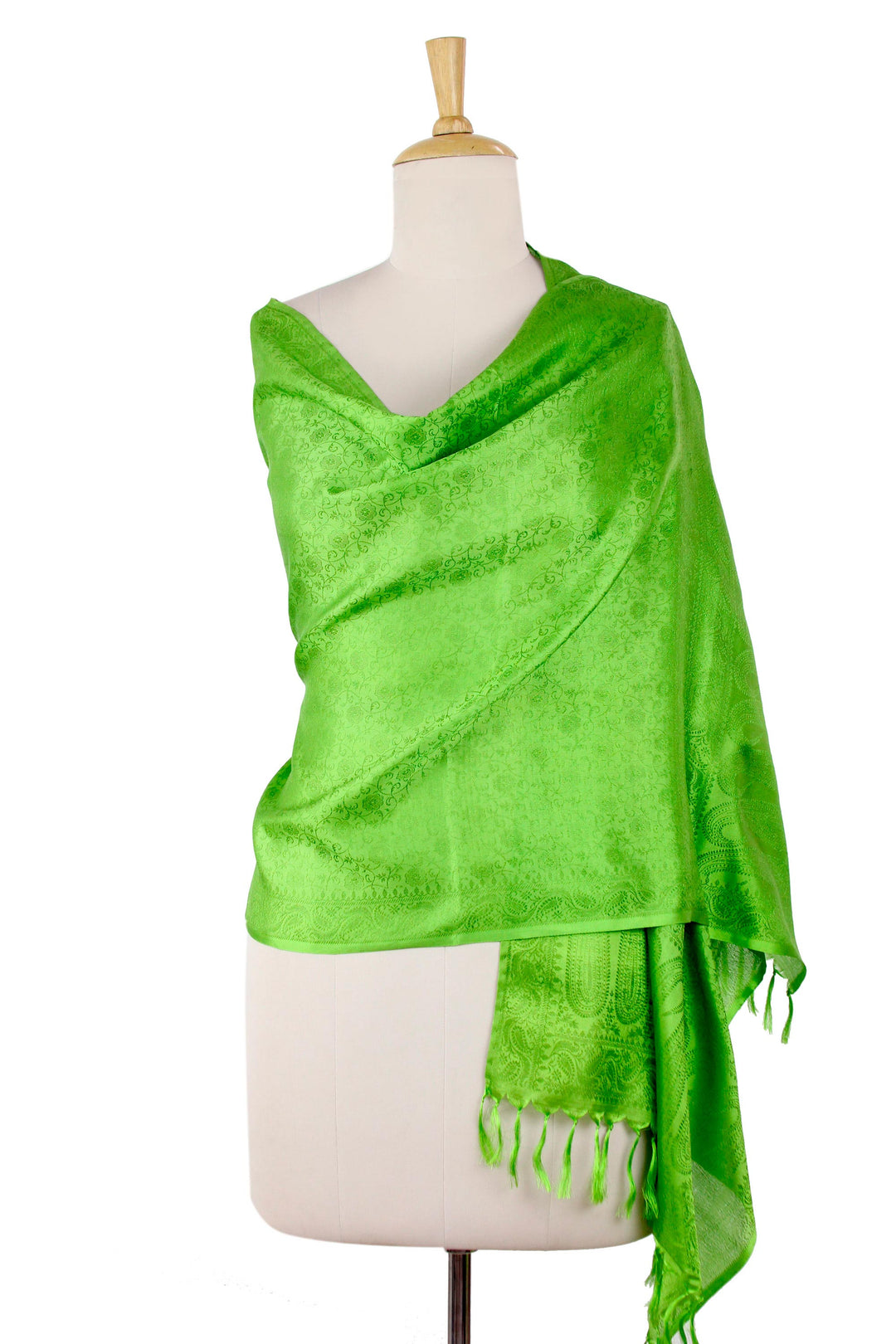 Bright Green Hand Loomed Fringed Varanasi Silk Shawl - Forever Green