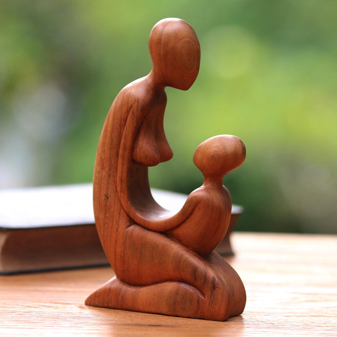 Hand Carved Suar Wood Mother and Child Sculpture from Bali - Mother and Her Child