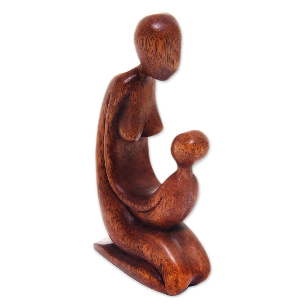 Hand Carved Suar Wood Mother and Child Sculpture from Bali - Mother and Her Child