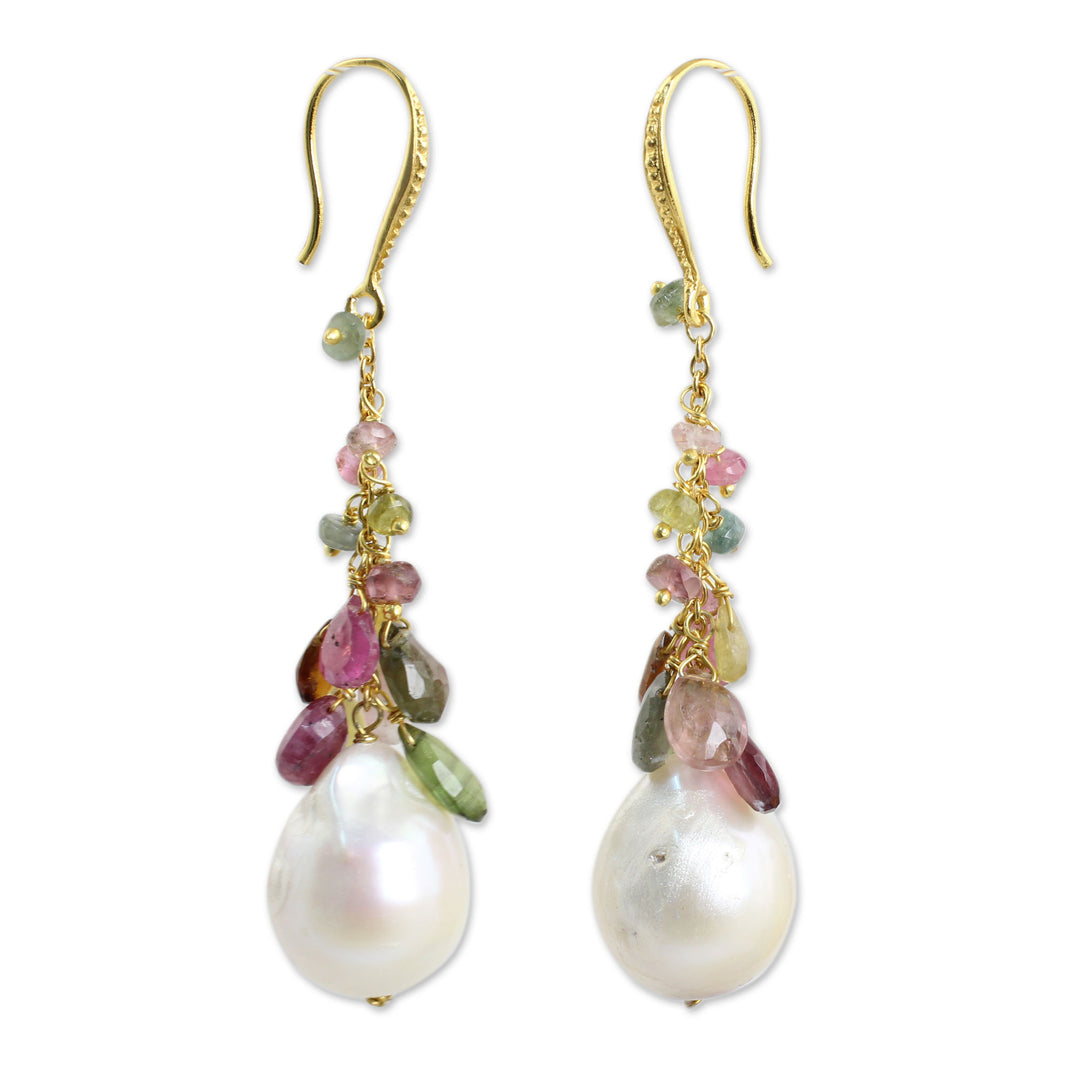 Multicolor Tourmaline and Pearls on Gold Plated Earrings - Thai Vineyard