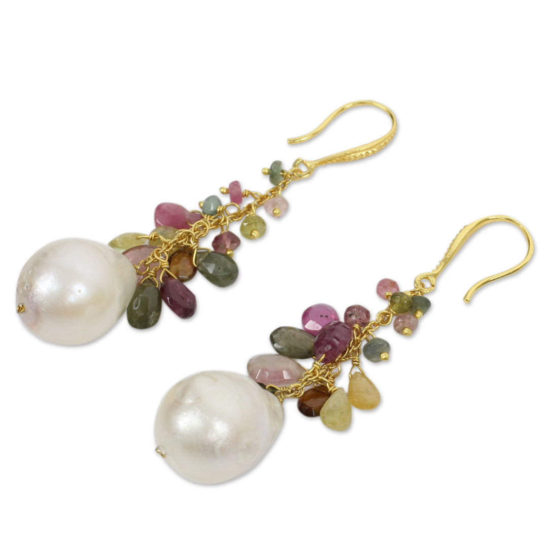 Multicolor Tourmaline and Pearls on Gold Plated Earrings - Thai Vineyard