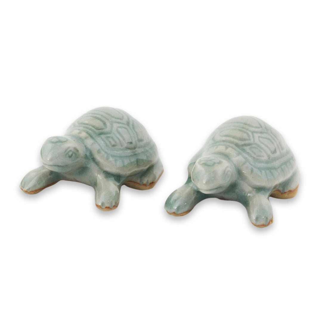Celadon Ceramic Turtle Sculptures in Light Blue (Pair) - Sky Blue Resilient Turtles
