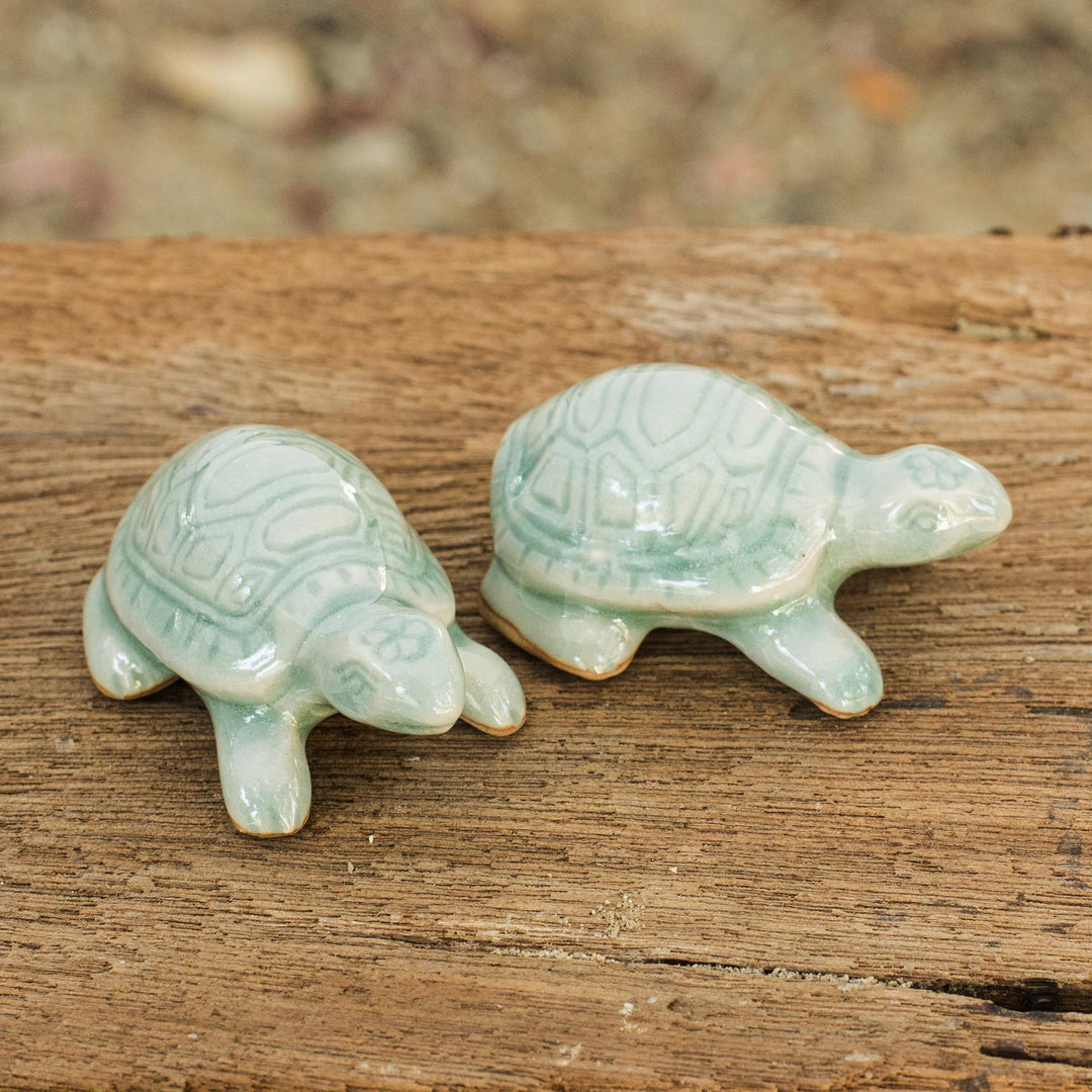 Celadon Ceramic Turtle Sculptures in Light Blue (Pair) - Sky Blue Resilient Turtles