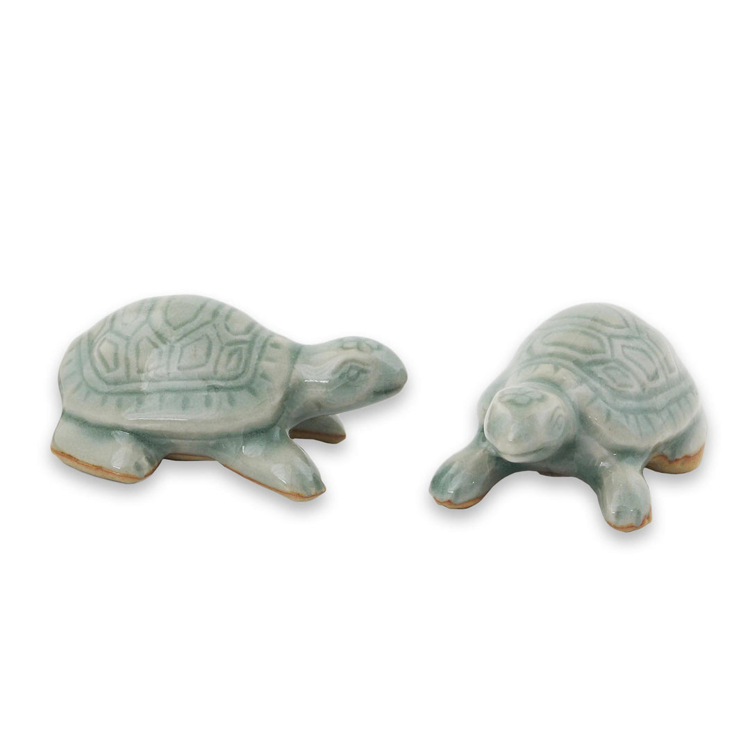 Celadon Ceramic Turtle Sculptures in Light Blue (Pair) - Sky Blue Resilient Turtles