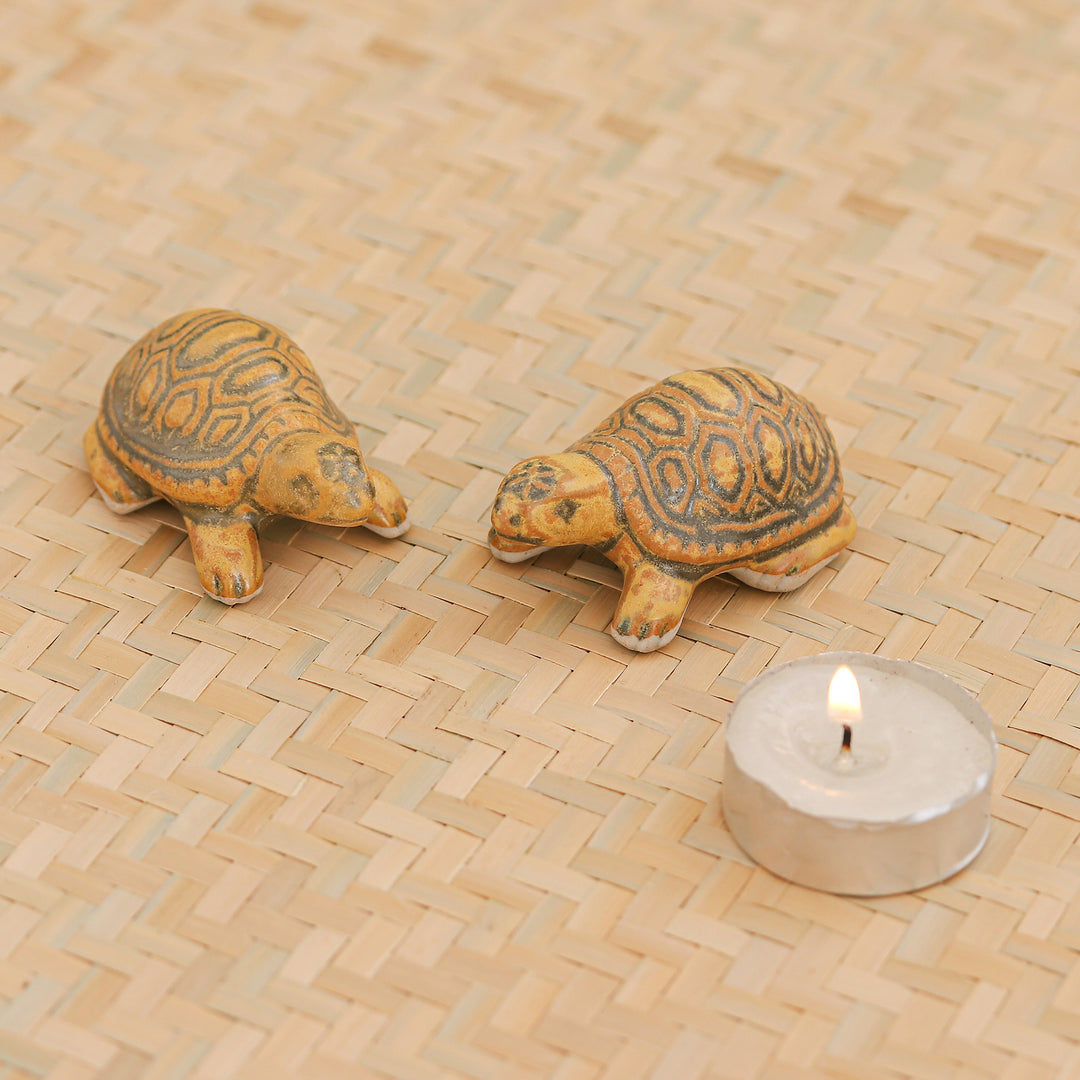 Thai Ceramic Turtle Figurines in Brown-Green (Pair) - Resilient Turtles