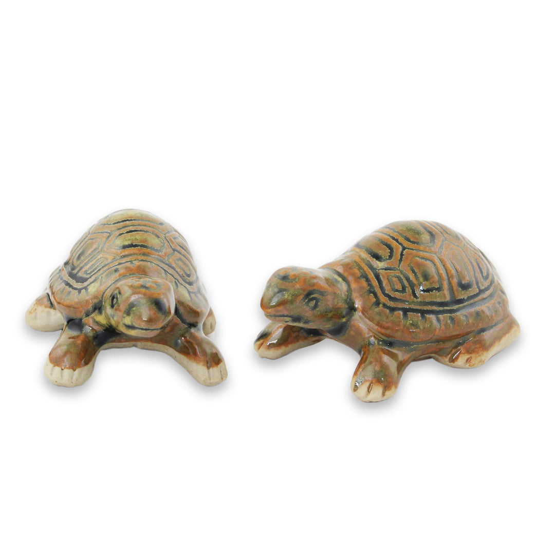 Thai Ceramic Turtle Figurines in Brown-Green (Pair) - Resilient Turtles