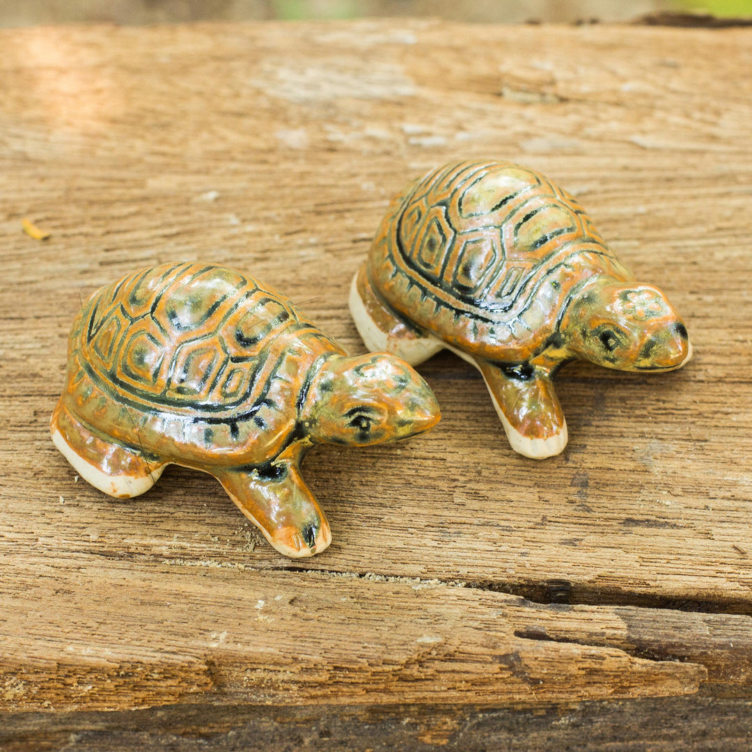Thai Ceramic Turtle Figurines in Brown-Green (Pair) - Resilient Turtles