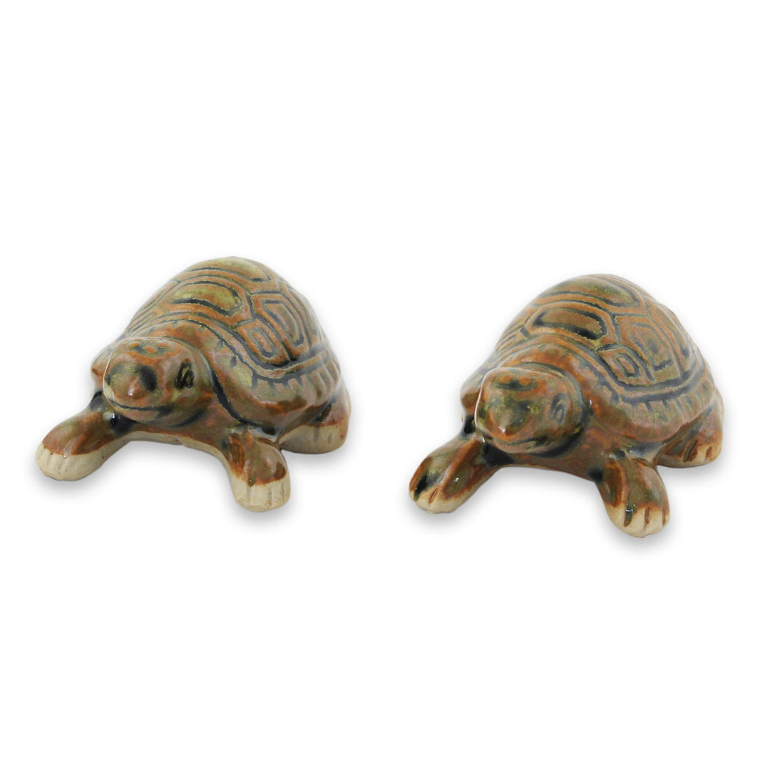 Thai Ceramic Turtle Figurines in Brown-Green (Pair) - Resilient Turtles