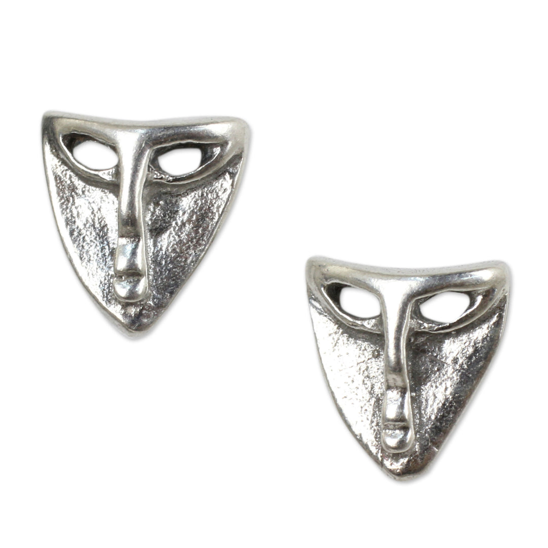 Sterling Silver Theater Mask Button Earrings from Thailand - Modern Mask