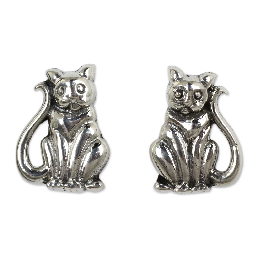 Cat Theme Hand Crafted Sterling Silver Button Earrings - Contented Kittens