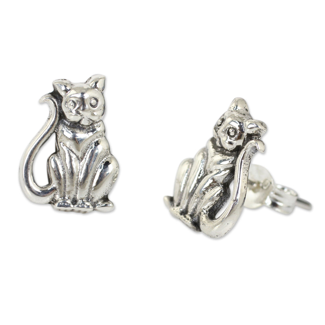 Cat Theme Hand Crafted Sterling Silver Button Earrings - Contented Kittens