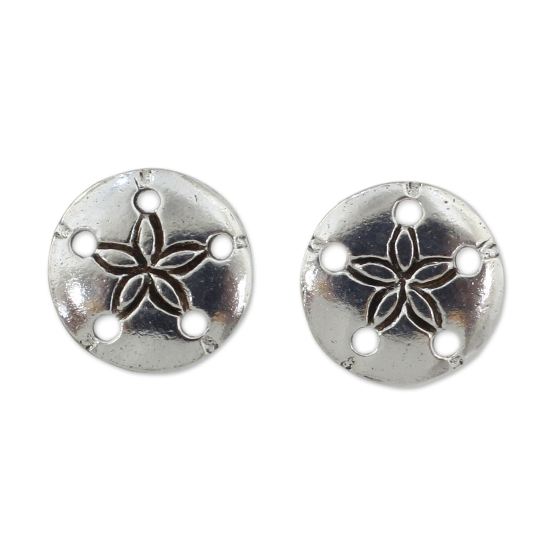 Hand Crafted Seashell Design Sterling Silver Button Earrings - Sand Dollar