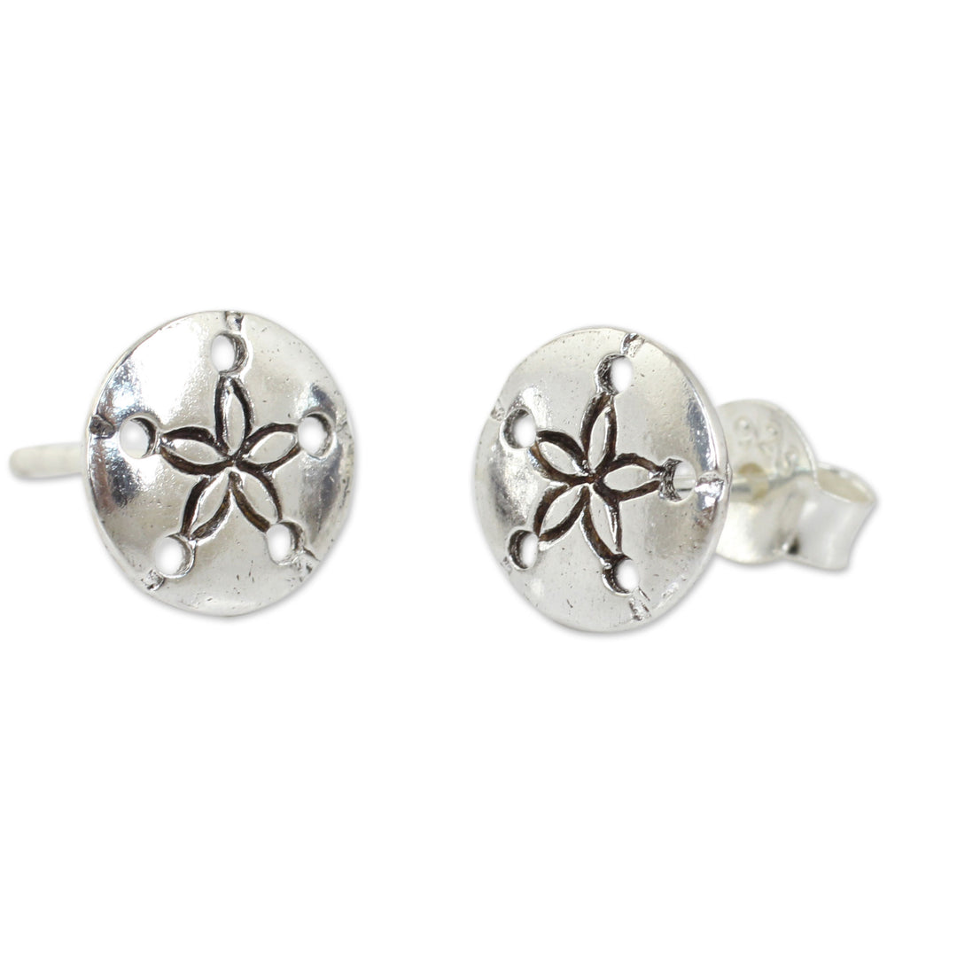 Hand Crafted Seashell Design Sterling Silver Button Earrings - Sand Dollar