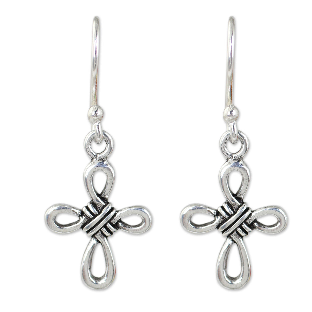Hand Crafted Thai Sterling Silver Cross Dangle Earrings - Knotted Cross