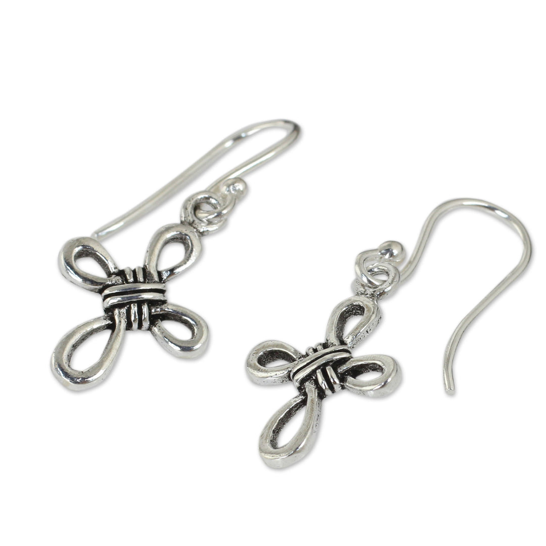 Hand Crafted Thai Sterling Silver Cross Dangle Earrings - Knotted Cross