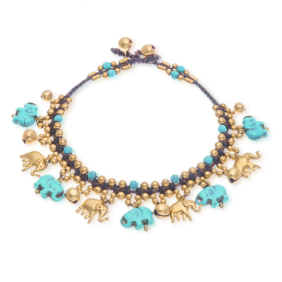 Brass Elephant Anklet with Blue Calcite and Jingling Bells - Elephant Parade