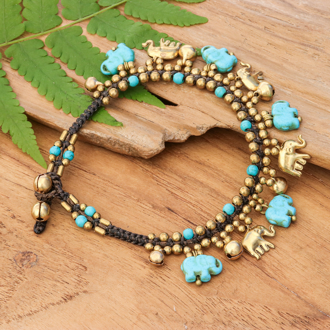 Brass Elephant Anklet with Blue Calcite and Jingling Bells - Elephant Parade