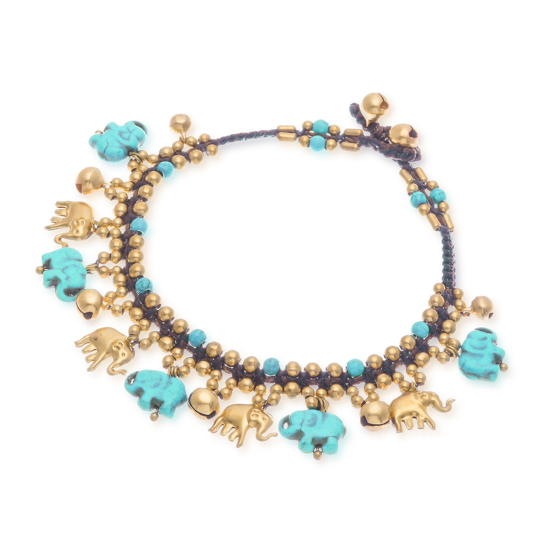 Brass Elephant Anklet with Blue Calcite and Jingling Bells - Elephant Parade