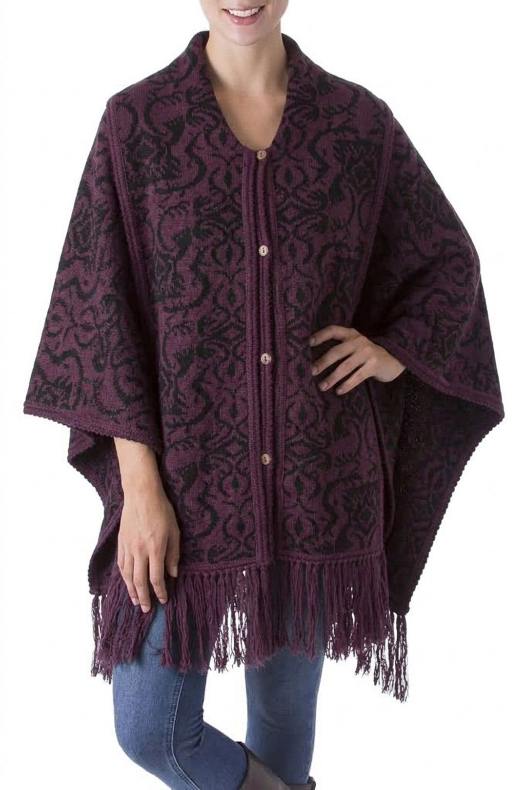 Peruvian Alpaca Blend Purple Ruana Cloak with Scarf - Aubergine Arabesques