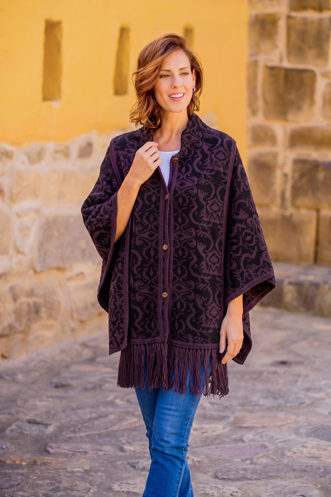 Peruvian Alpaca Blend Purple Ruana Cloak with Scarf - Aubergine Arabesques