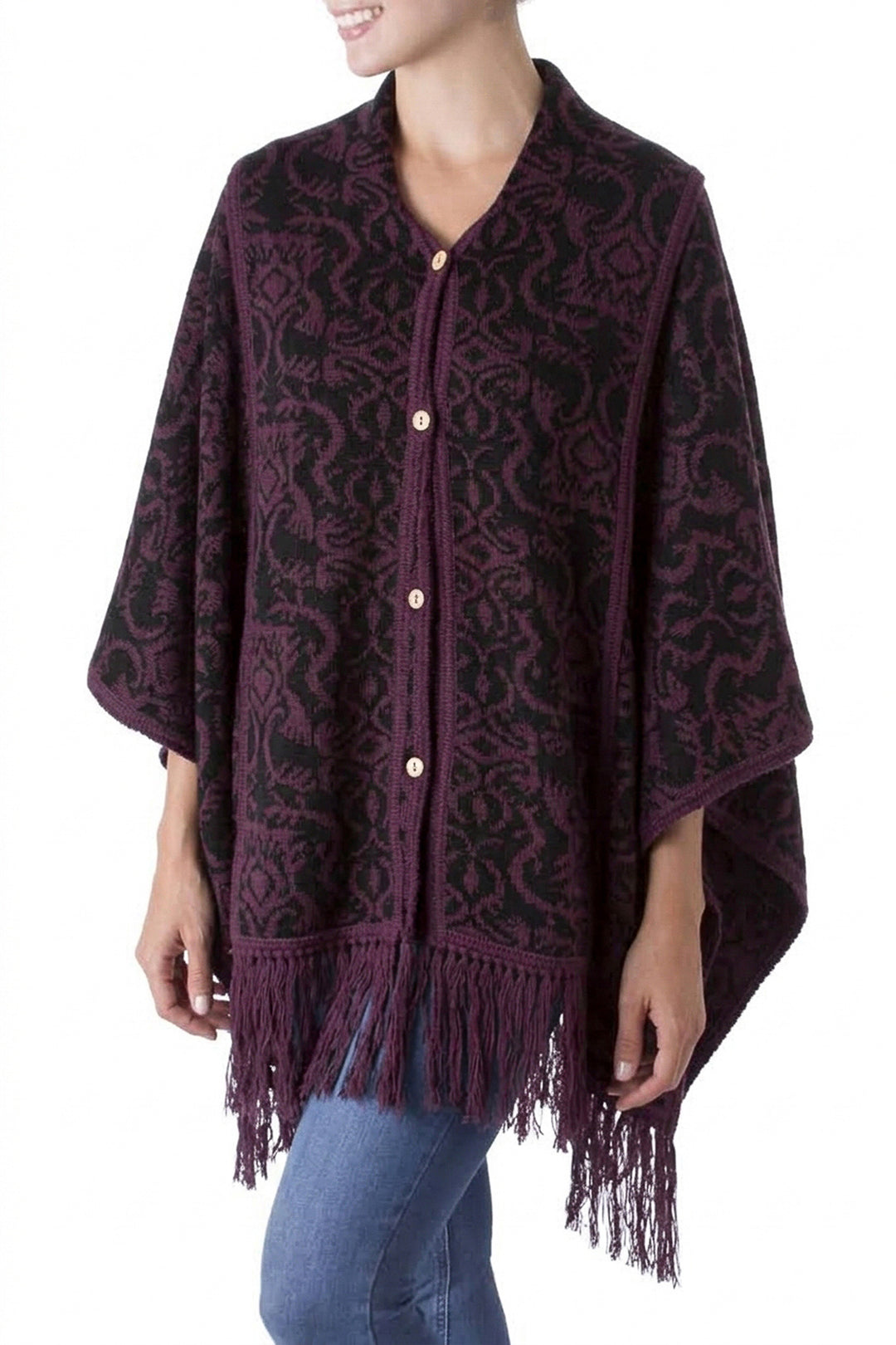 Peruvian Alpaca Blend Purple Ruana Cloak with Scarf - Aubergine Arabesques