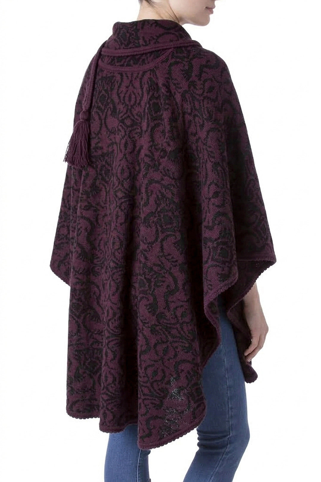 Peruvian Alpaca Blend Purple Ruana Cloak with Scarf - Aubergine Arabesques