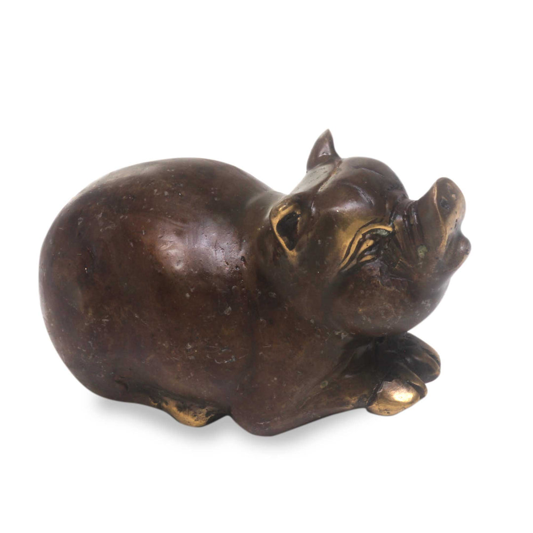 Antiqued Bronze Pig Figurine Sculpture from Indonesia - Chubby Pig