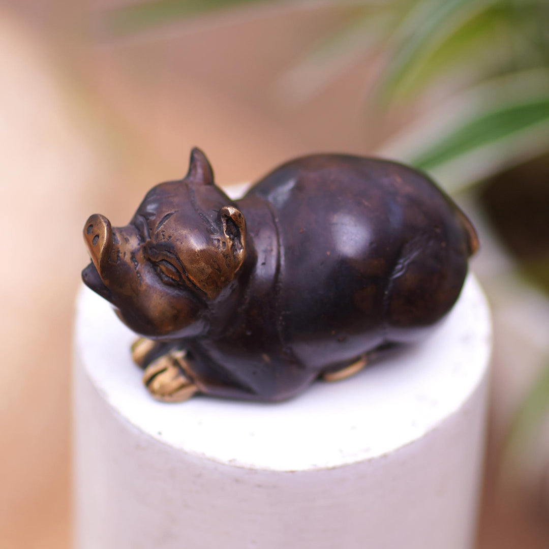 Antiqued Bronze Pig Figurine Sculpture from Indonesia - Chubby Pig