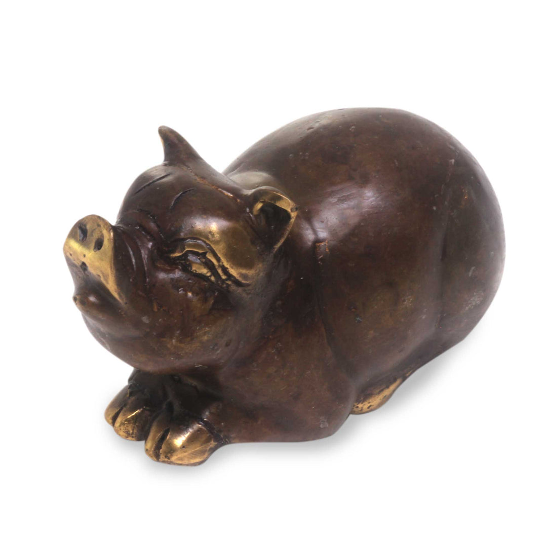 Antiqued Bronze Pig Figurine Sculpture from Indonesia - Chubby Pig