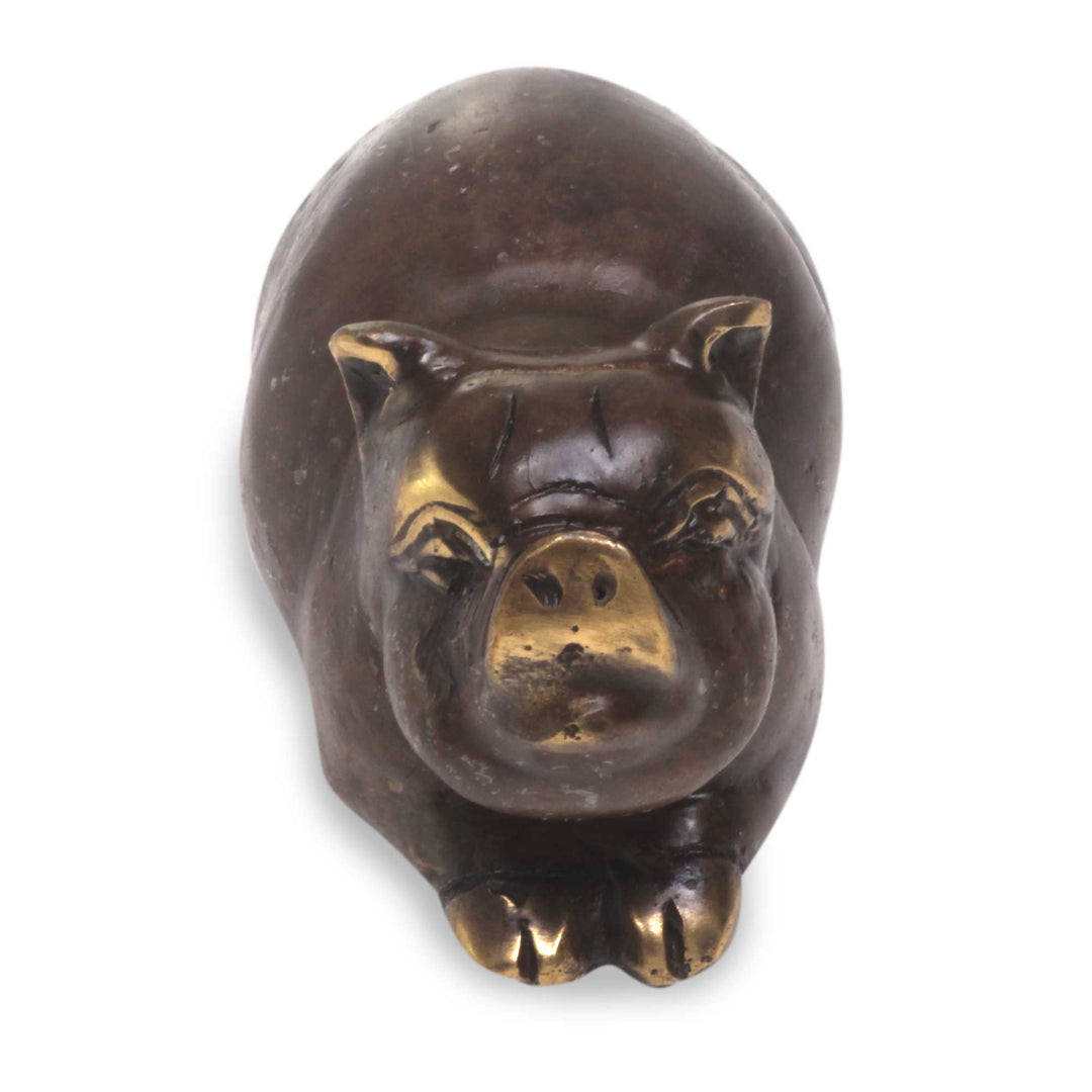Antiqued Bronze Pig Figurine Sculpture from Indonesia - Chubby Pig