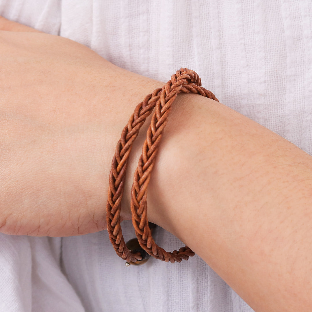 Golden Brown Leather Braid Wrap Bracelet for Men - Double Hug