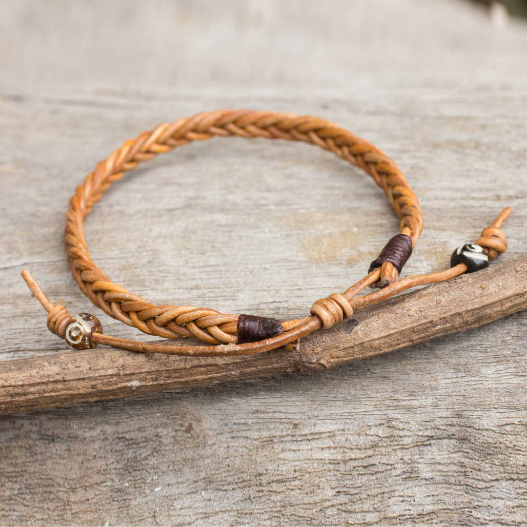 Men's Braided Light Brown Leather Bracelet from Thailand - Friends and Brothers
