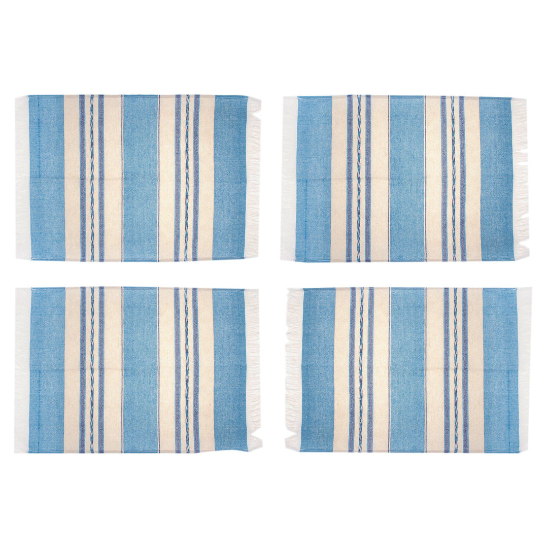Set of 4 Hand Woven Cotton Blue and Beige Zapotec Placemats - Oaxaca Sky