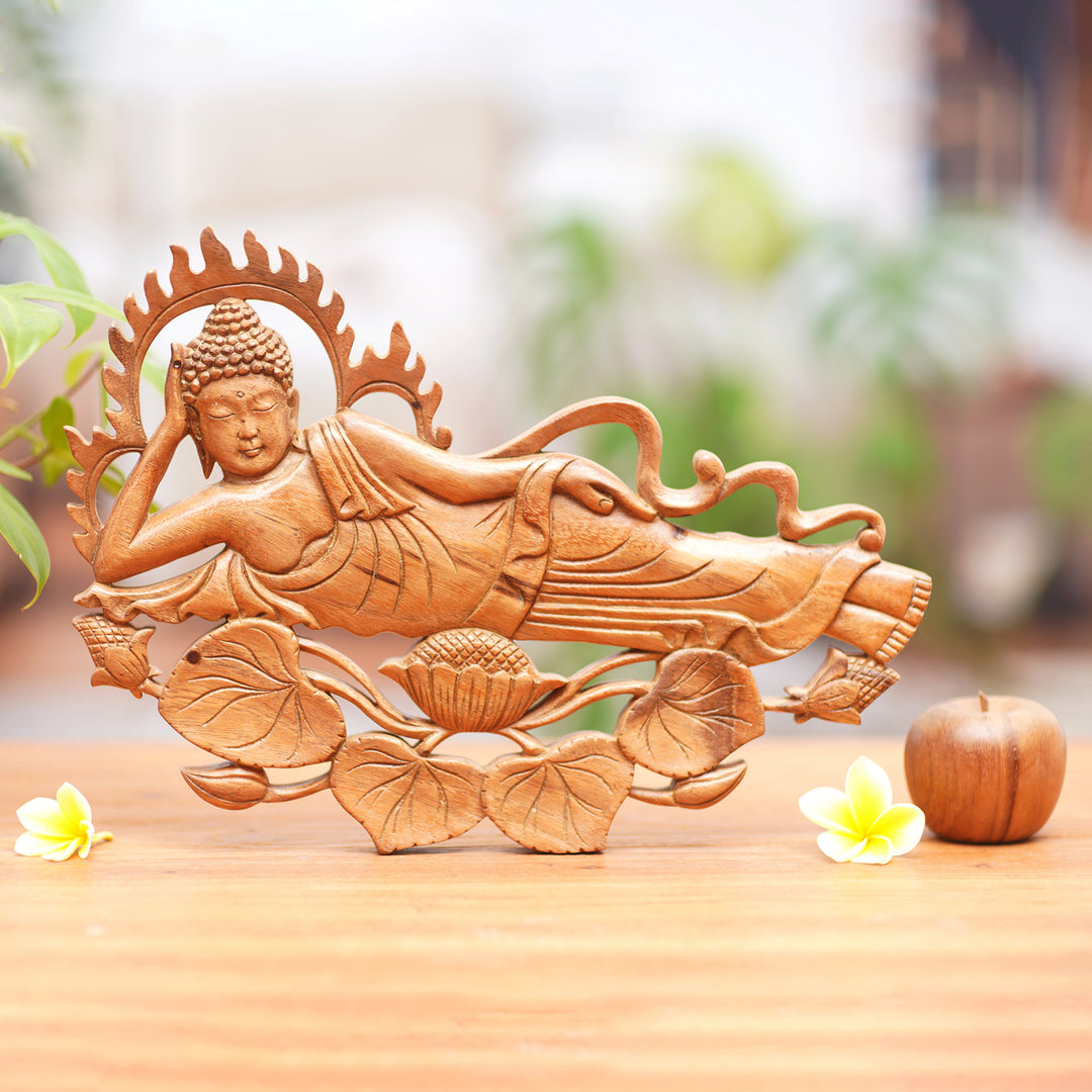 Signed Balinese Buddha Suar Wood Relief Panel Sculpture - Buddha Relaxes