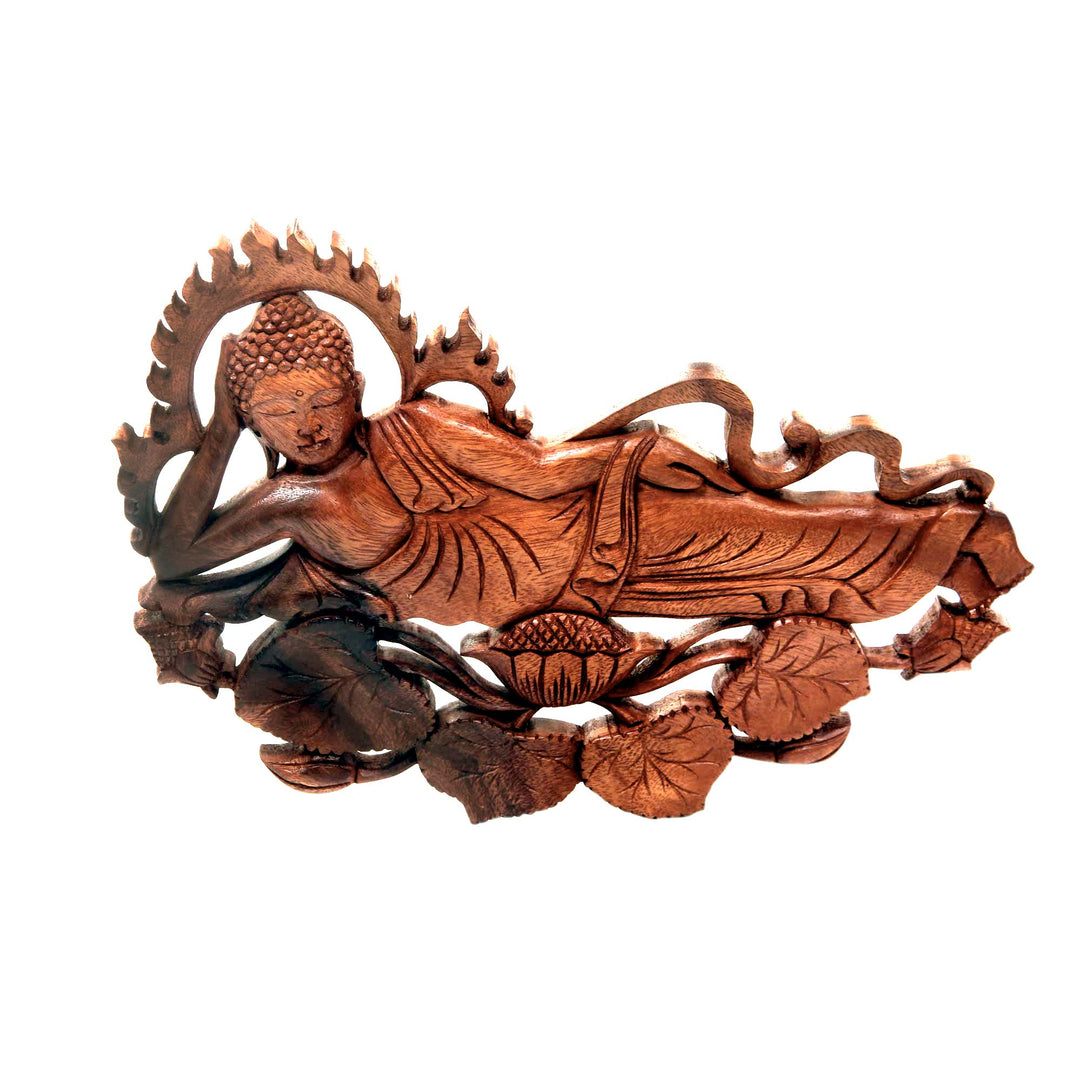 Signed Balinese Buddha Suar Wood Relief Panel Sculpture - Buddha Relaxes