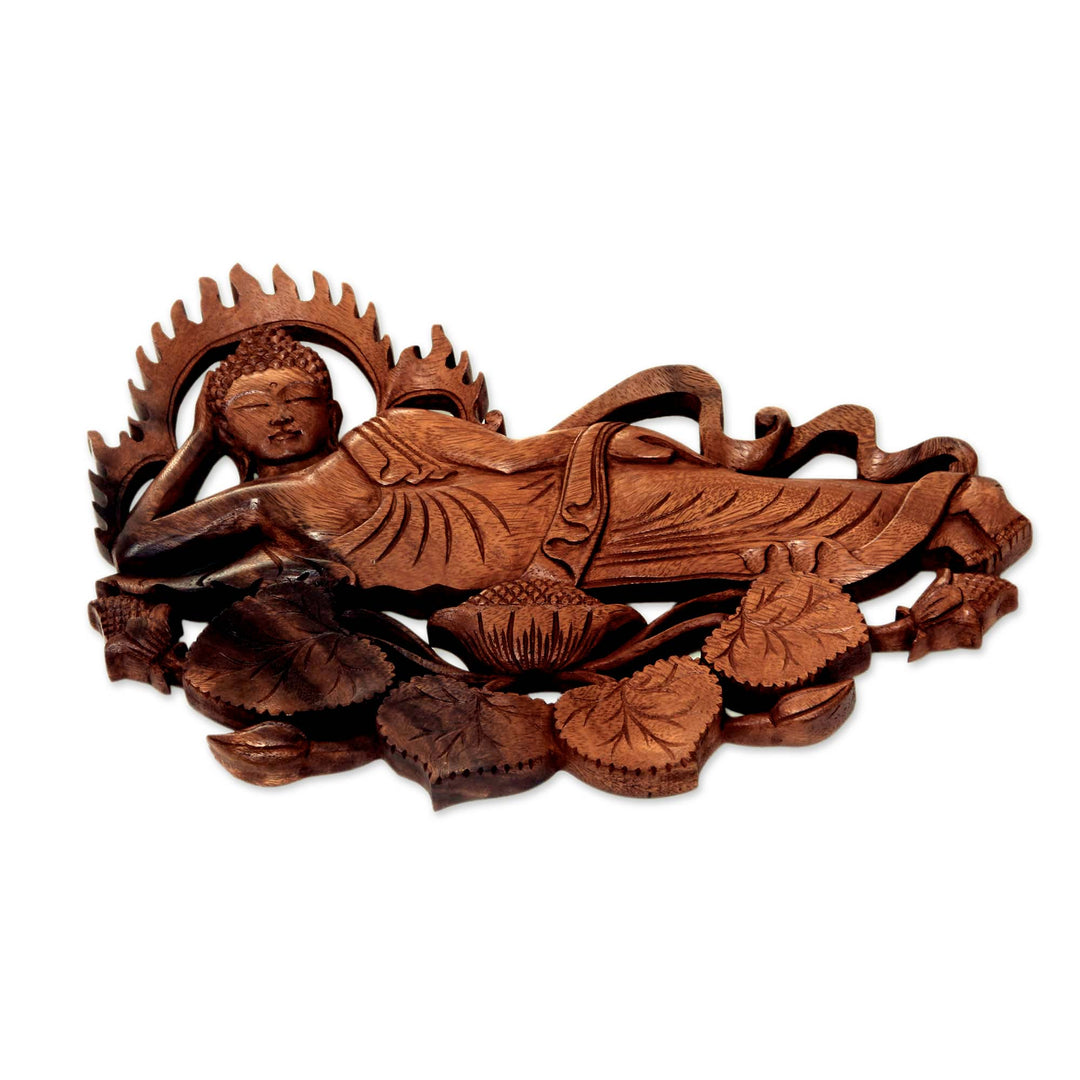 Signed Balinese Buddha Suar Wood Relief Panel Sculpture - Buddha Relaxes